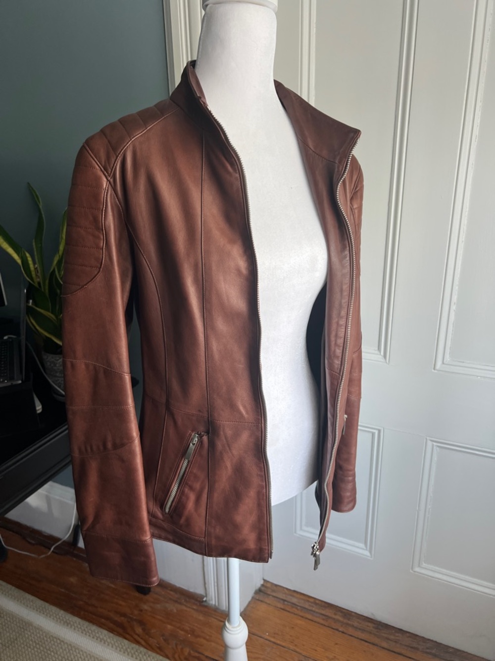 Katian Chestnut Brown Leather Zip-Front Jacket